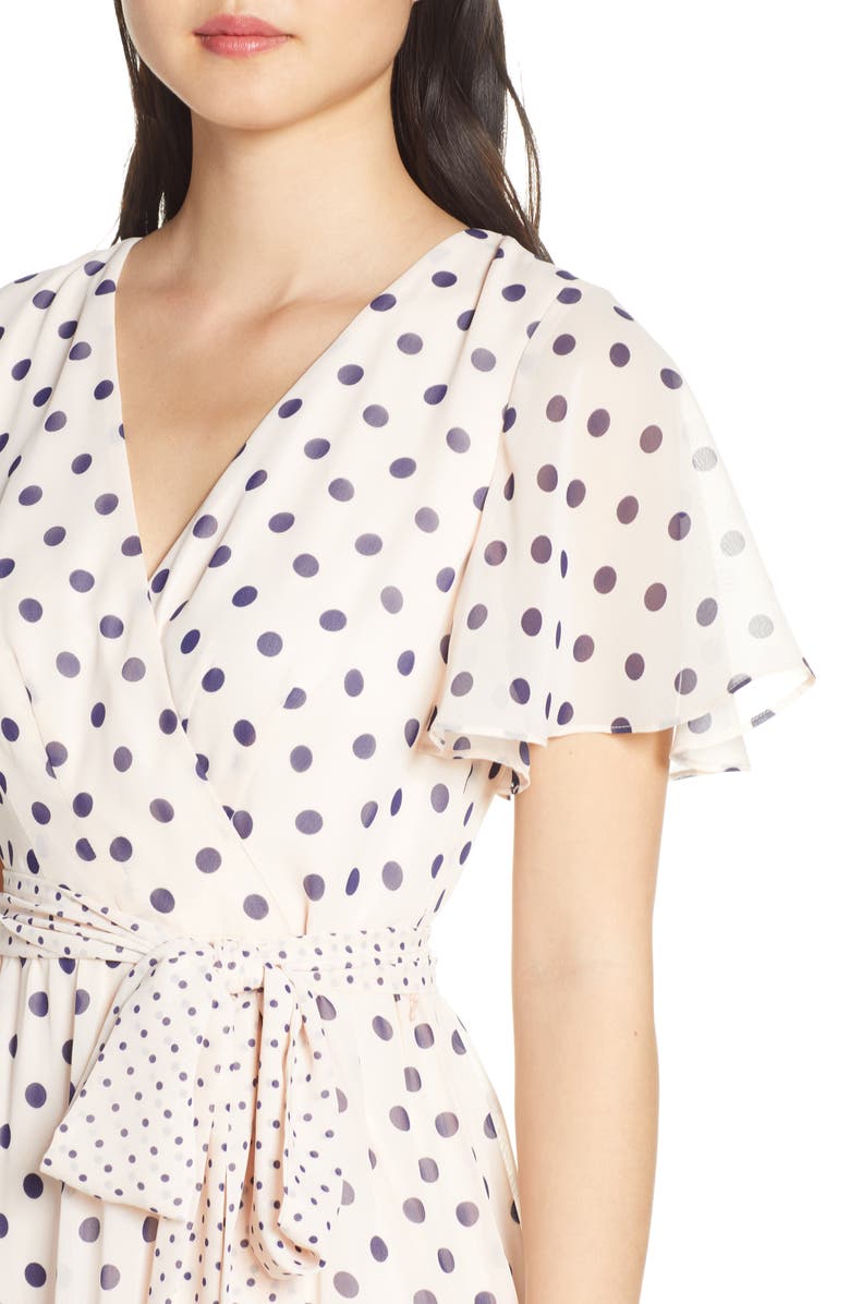 Eliza J Polka Dot Chiffon Faux Wrap Dress, Alternate, color, 