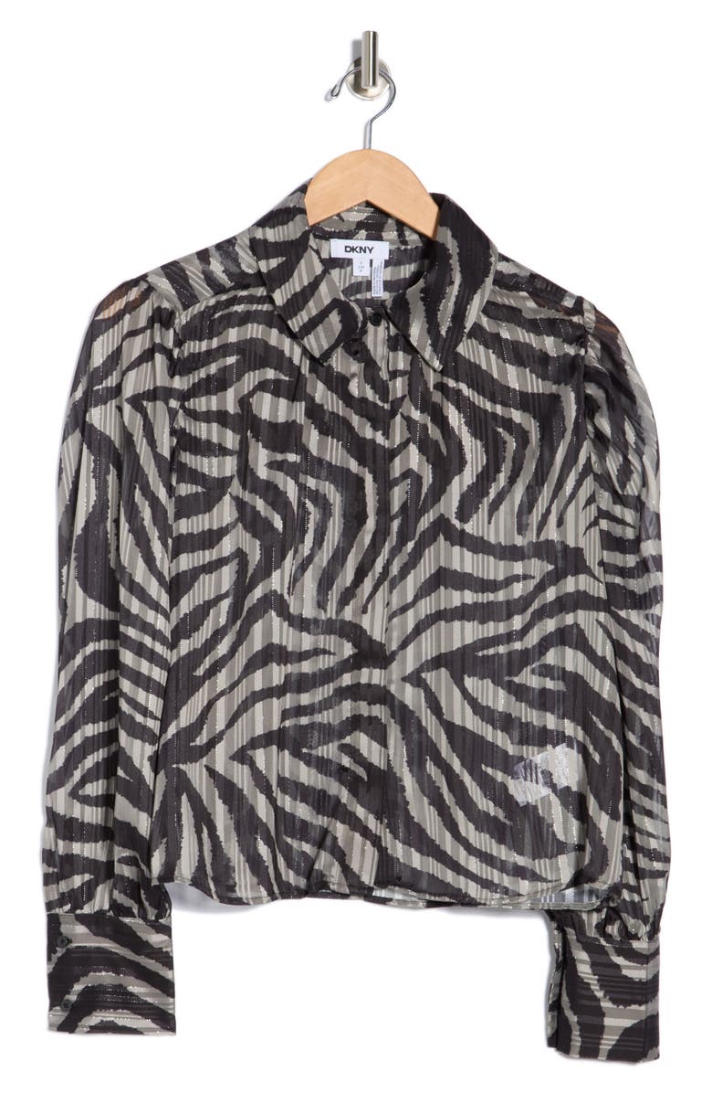 DKNY Metallic Shadow Stripe Long Sleeve Button-Up Shirt, Alternate, color, Black Multi