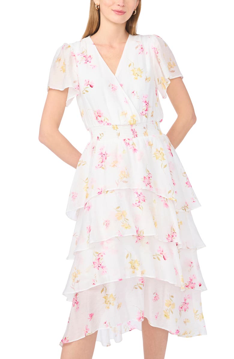 Vince Camuto Floral Short Sleeve Tiered Dress, Alternate, color, Lemon Cream