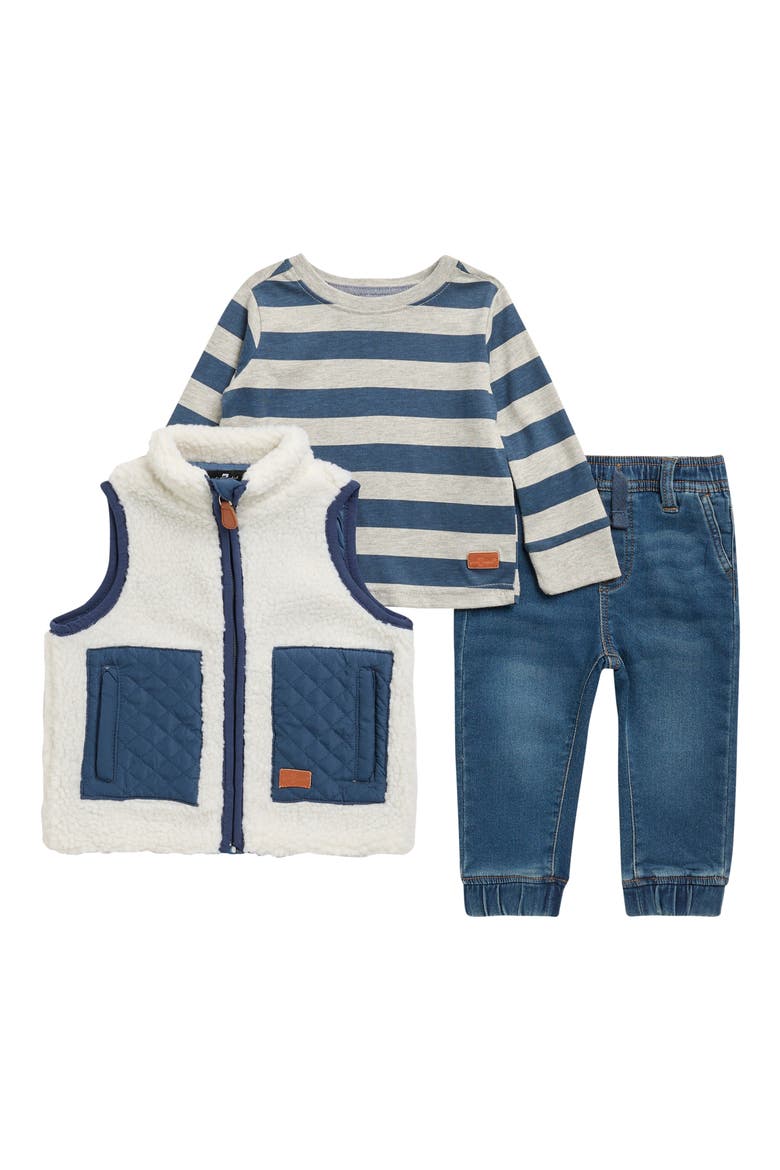 Faux Shearling Vest, Stripe Long Sleeve T-Shirt & Joggers Set, Main, color, DARK DENIM