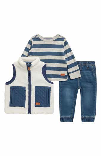 Faux Shearling Vest, Stripe Long Sleeve T-Shirt & Joggers Set