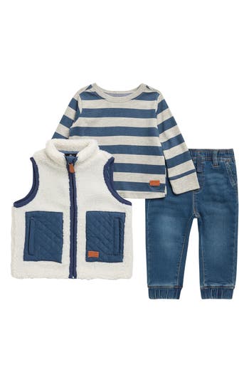 7 For All Mankind Kids' Faux Shearling Vest, Long Sleeve T-shirt & Jeans Set In Blue