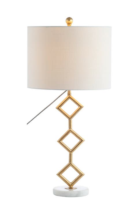 Diamante 29.5" Modern Gilt Metal with Marble Base LED Table Lamp, Gold/White