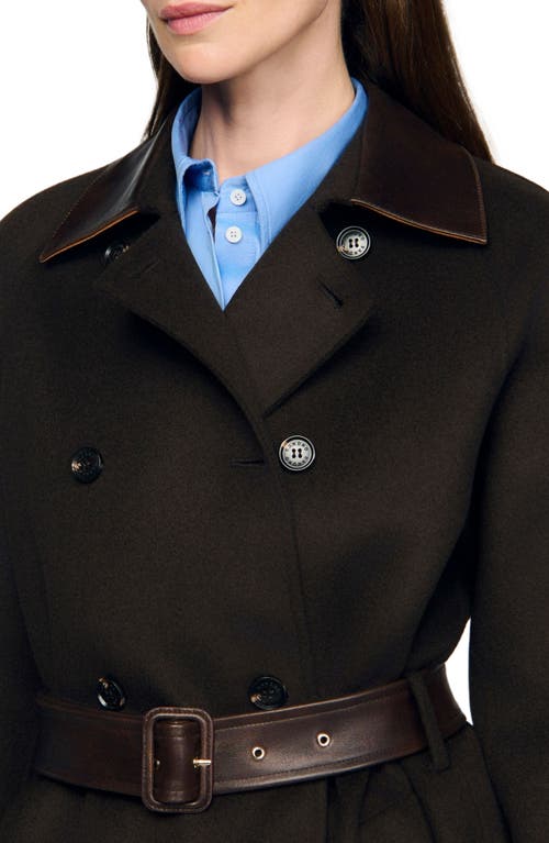 Sandro Long Wool And Leather Coat In Black