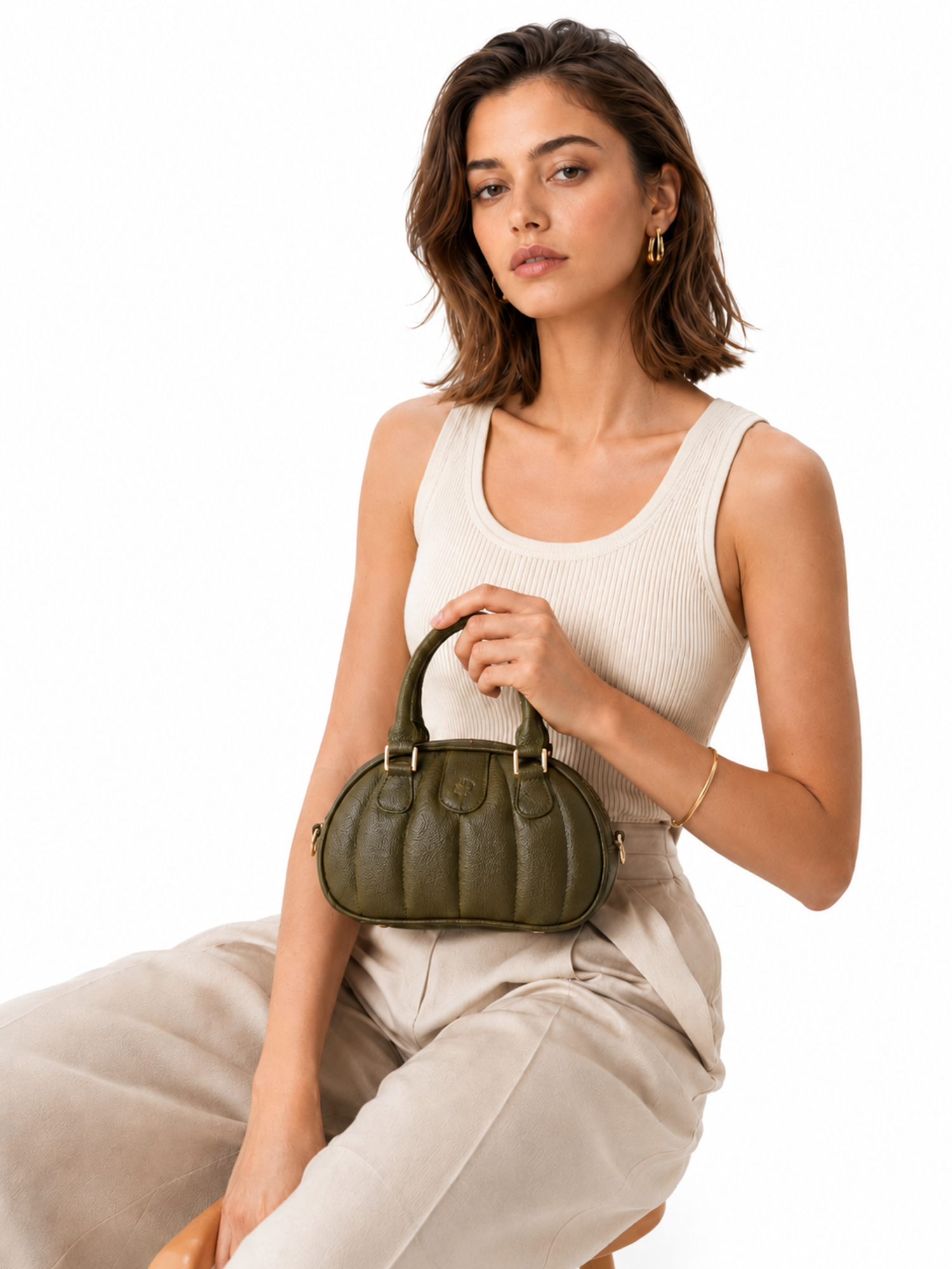 Ameline Sculptural Italian Leather Top Handle, Alternate, color, Olive