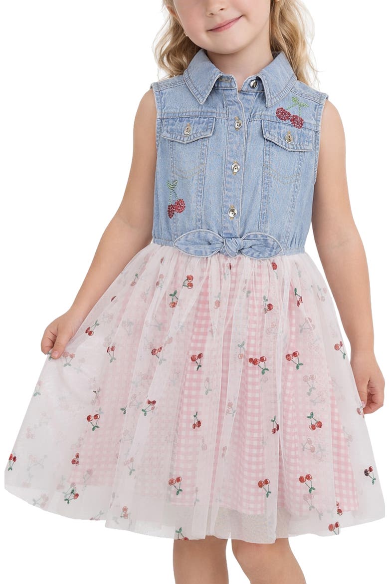 Kids' Denim Cherry Embroidered Mixed Media Dress, Alternate, color, DENIM/ PINK