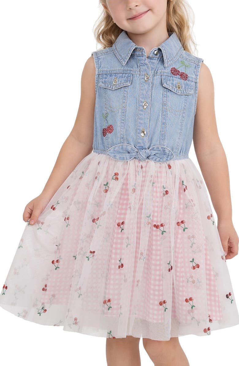 Zunie Kids' Denim Cherry Embroidered Mixed Media Dress, Alternate, color,