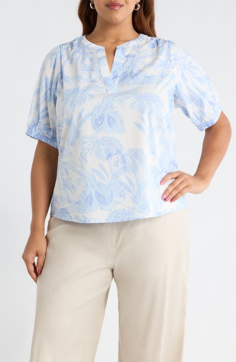 Poly Leaf Neli Puff Sleeve Cotton Top (Plus)