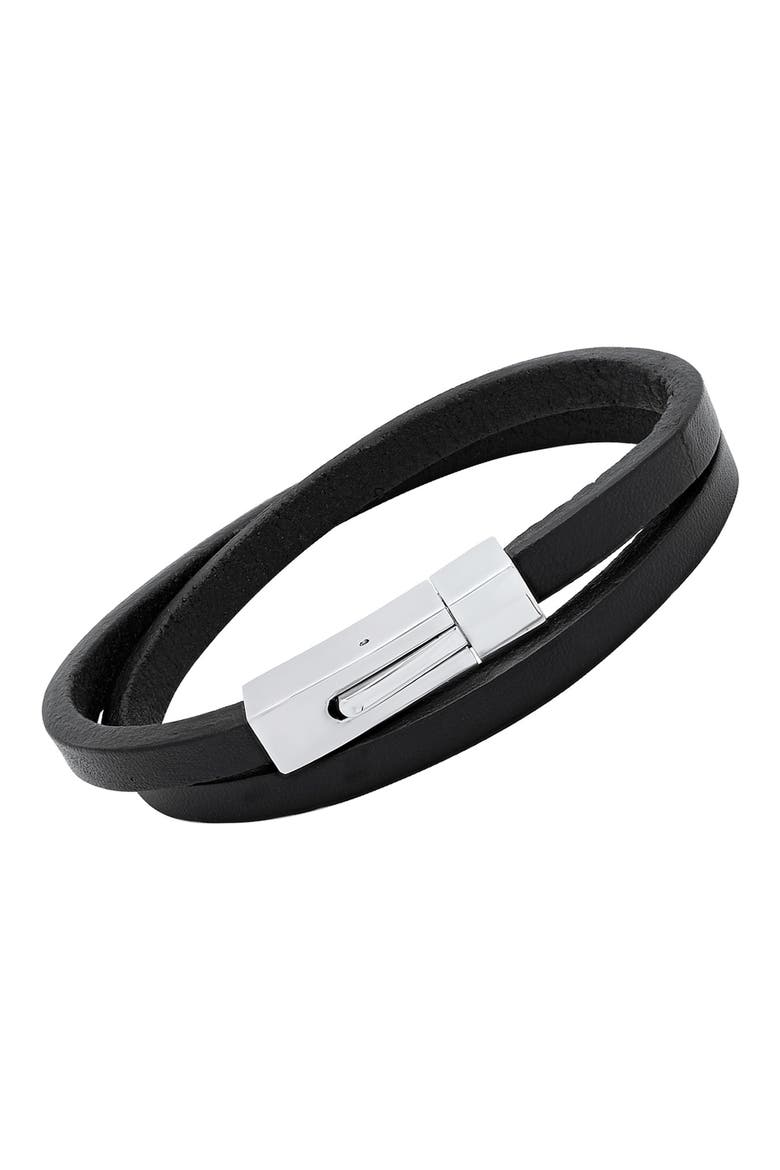Men's Leather Wrap Bracelet, Alternate, color, SILVER/ BLACK