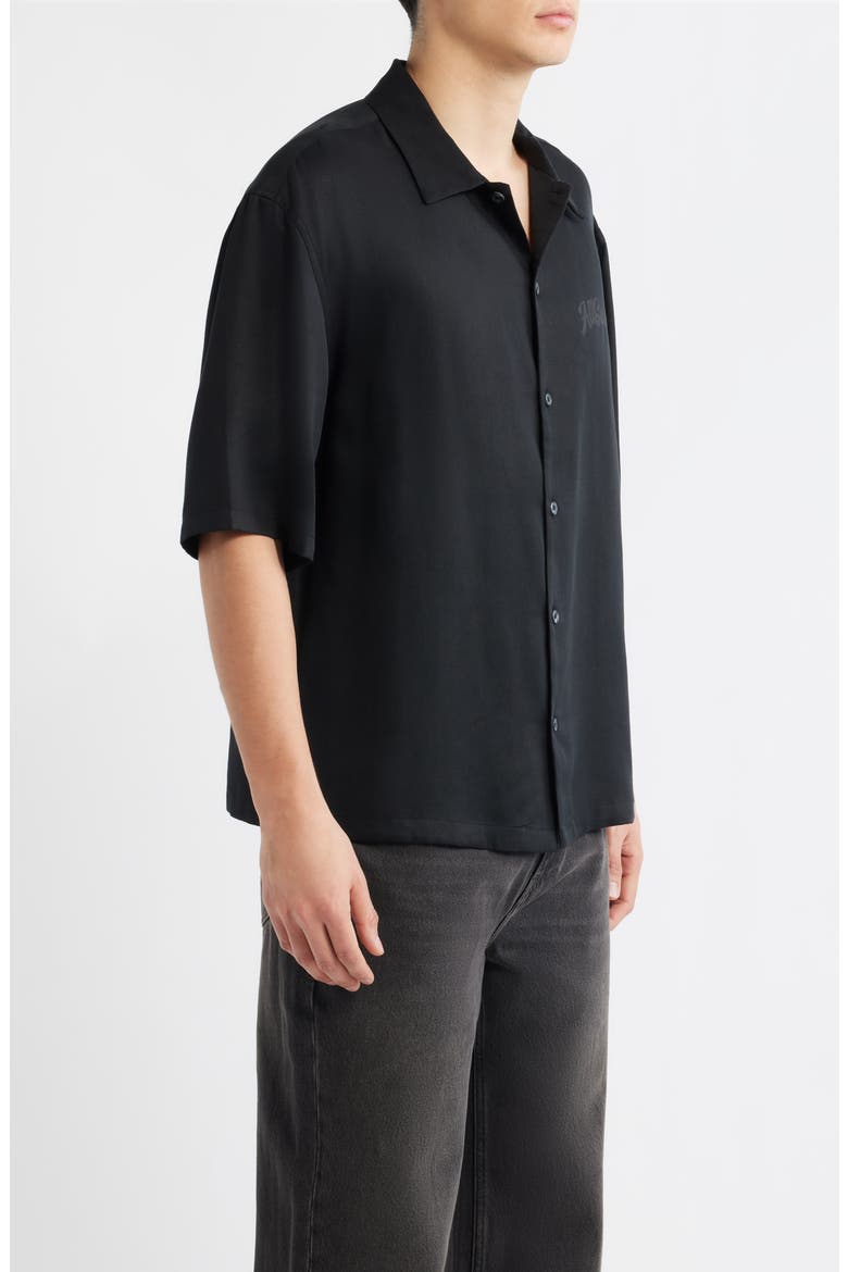 Circe Logo Graphic Oversize Short Sleeve Button-Up Shirt, Alternate, color, JET BLACK