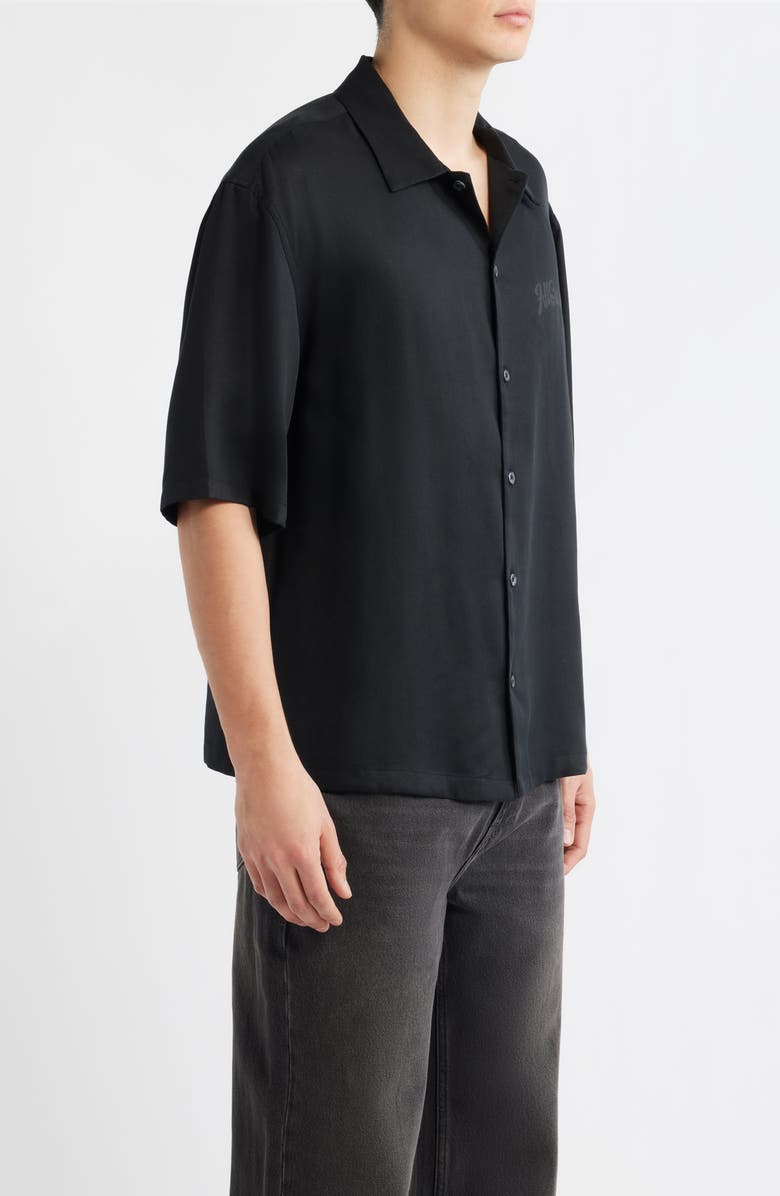 AllSaints Circe Logo Graphic Oversize Short Sleeve Button-Up Shirt, Alternate, color, Jet Black