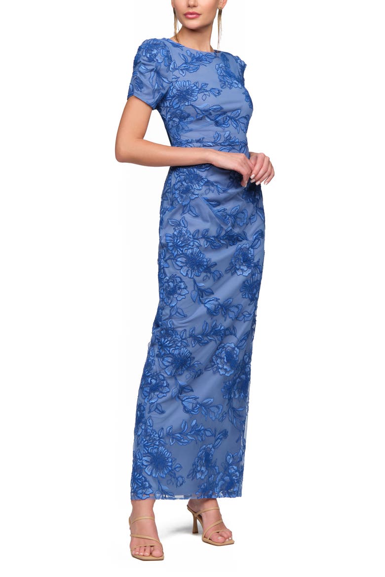 Oriana Embroidered Puff Sleeve Column Gown, Alternate, color, INDIGO
