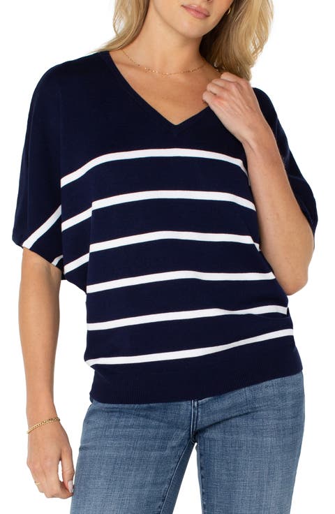 Blue Stripe Color Block Patchwork Dolman Oversize Tunic Sweater