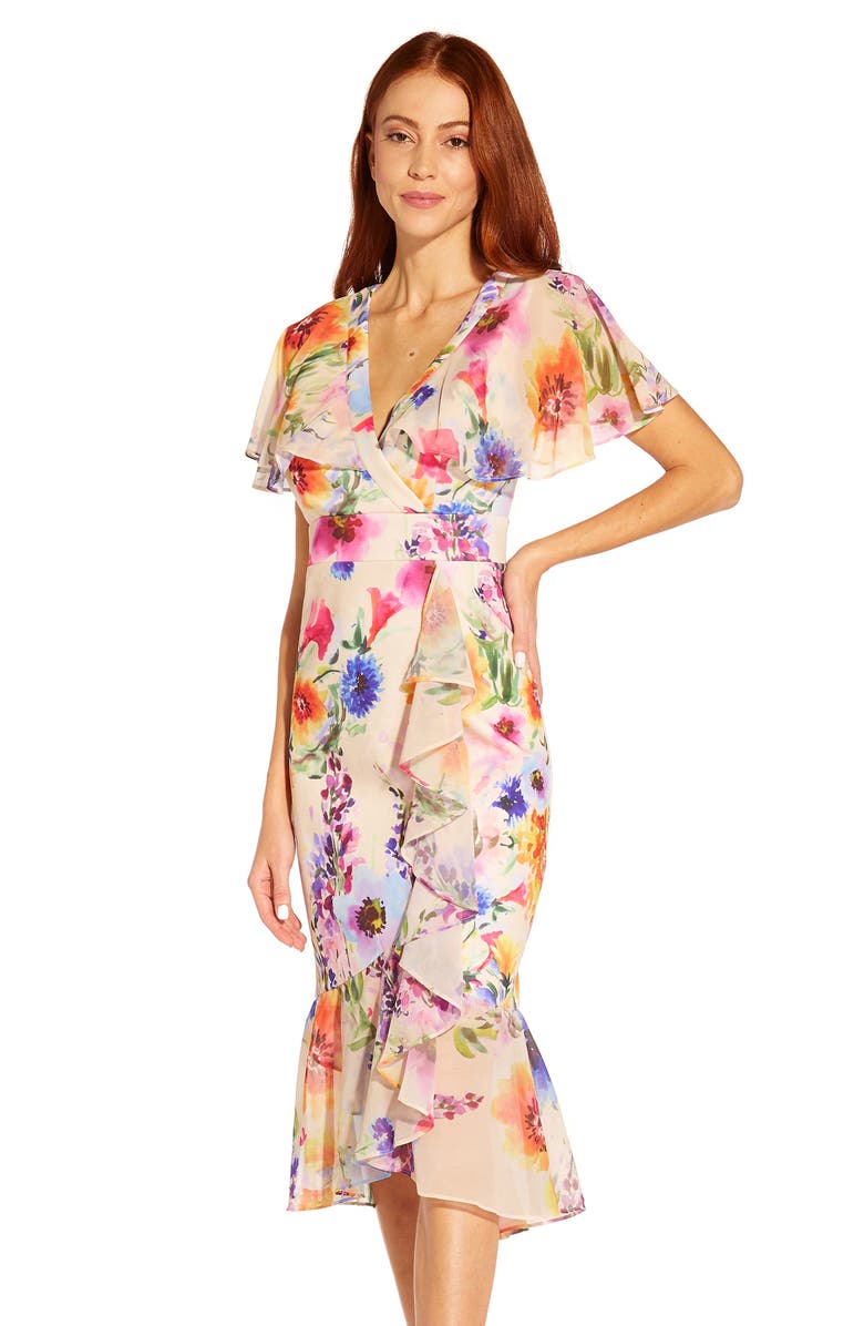 Adrianna Papell Floral Ruffle Faux Wrap Midi Dress, Alternate, color, 
