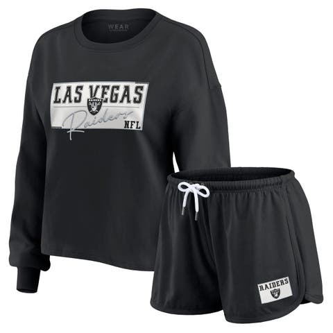 Women's WEAR by Erin Andrews Black Las Vegas Raiders Heavy Rugby Jersey Long Sleeve T-Shirt & Shorts Lounge Set