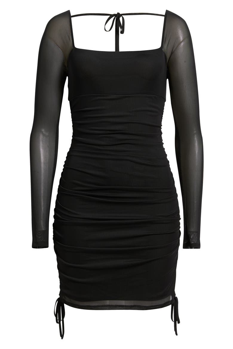 Ruched Mesh Long Sleeve Minidress, Alternate, color, BLACK