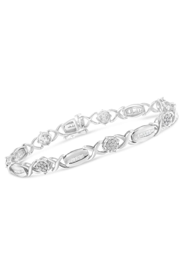 Silver 1.0 Cttw Round-Cut and Baguette-Cut Diamond X-Link Bracelet, Alternate, color, White