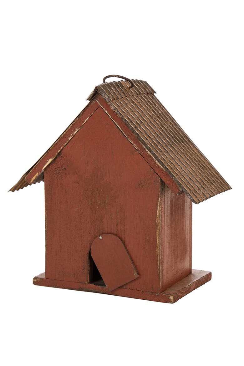 8.75"H Distressed Solid Wood Birdhouse with Heart, Alternate, color, Red