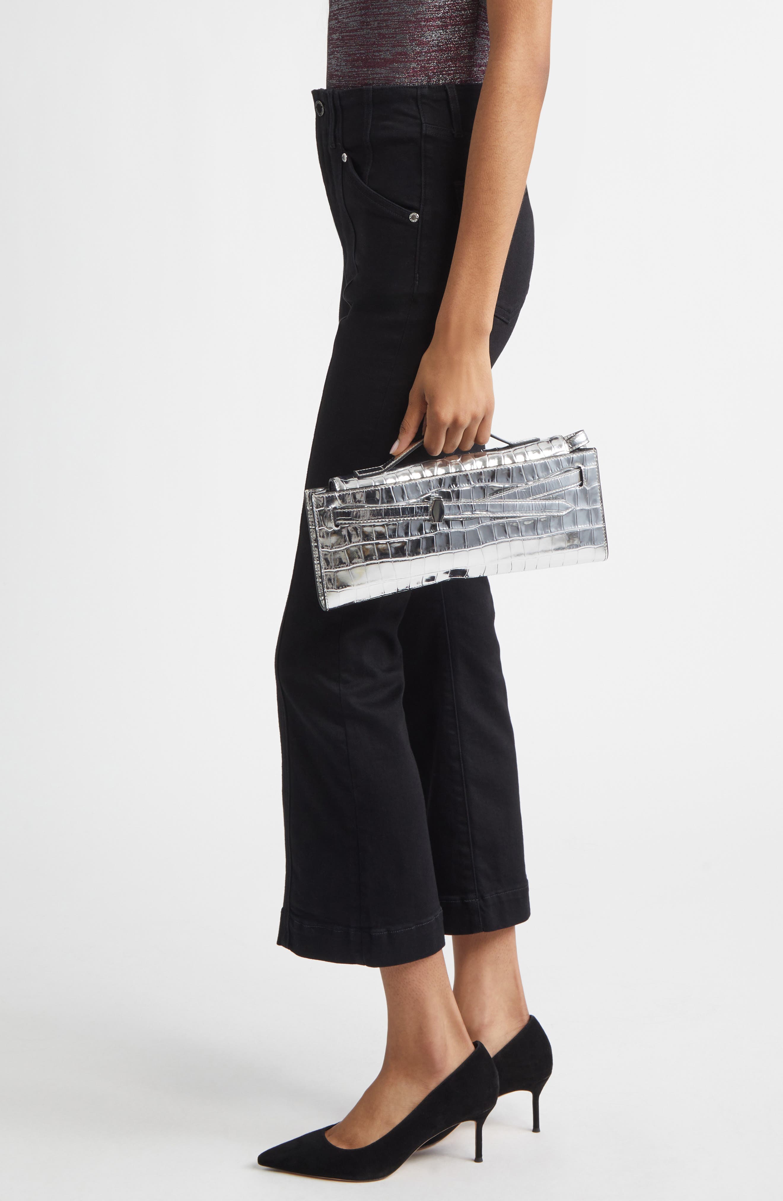 Croc Embossed Dash Clutch, Alternate, color, SILVER