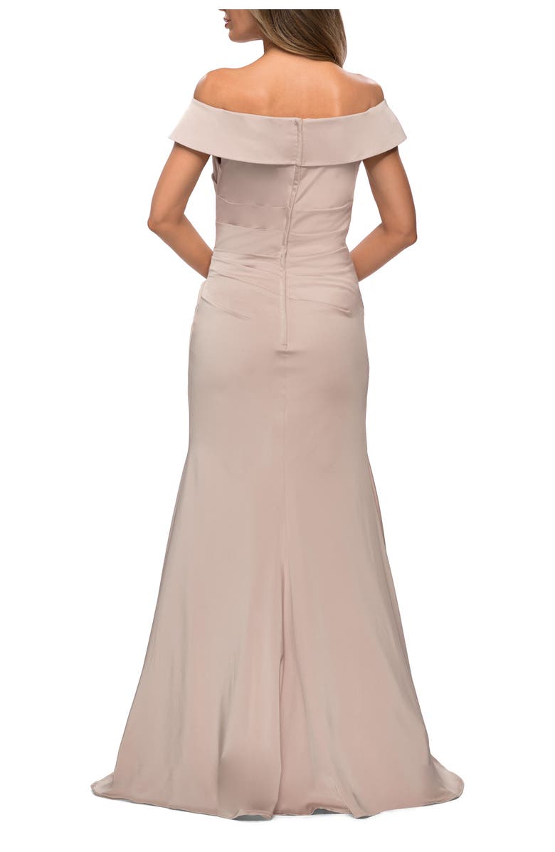 La Femme Off the Shoulder Satin Evening Gown with Ruching, Alternate, color, Champagne