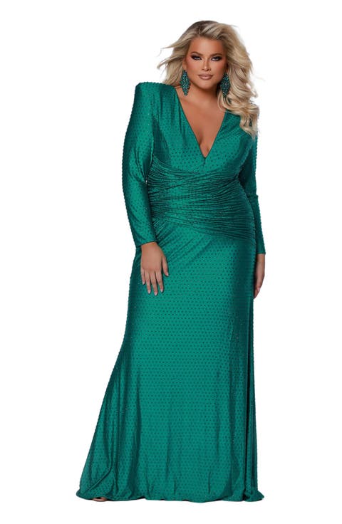 Ruched Long Sleeve V-Neck Plus Size Evening Gown