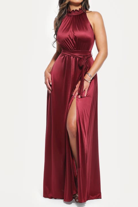 Built-in Shapewear Draped High Neck Maxi Dress