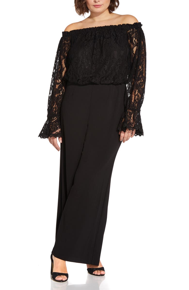 Adrianna Papell Off the Shoulder Lace & Crepe Jumpsuit, Main, color, 