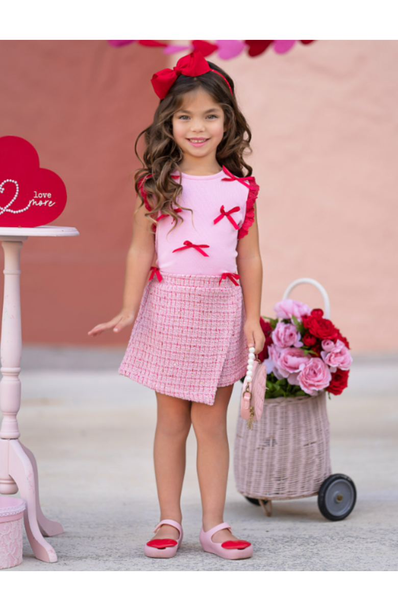 Mia Belle Girls Chic Bows Lace Tank Top and Tweed Skort Set, Alternate, color, Pink