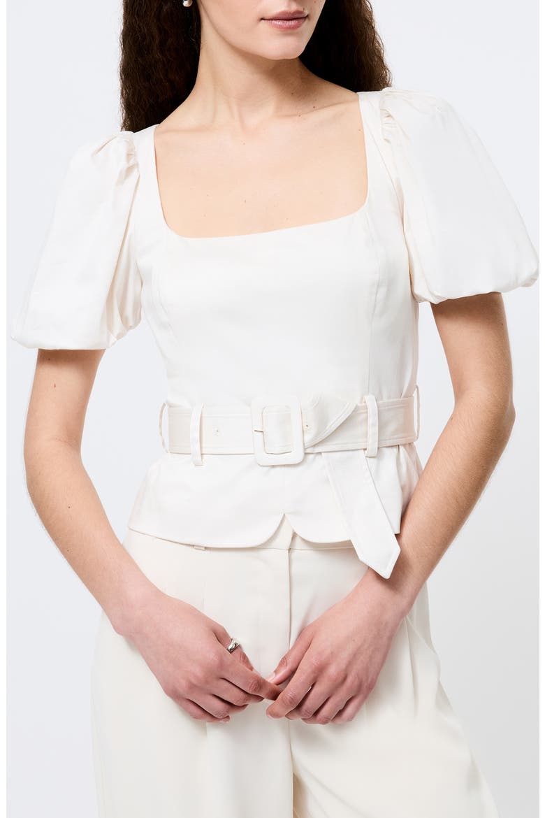Belted Puff Sleeve Sateen Top, Main, color, PORCELAIN CREAM