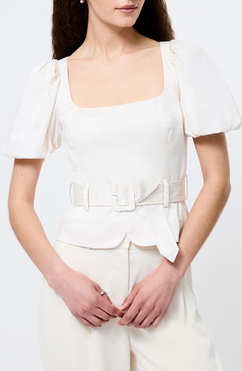 French Connection Belted Puff Sleeve Sateen Top, Main, color, Porcelain Cream