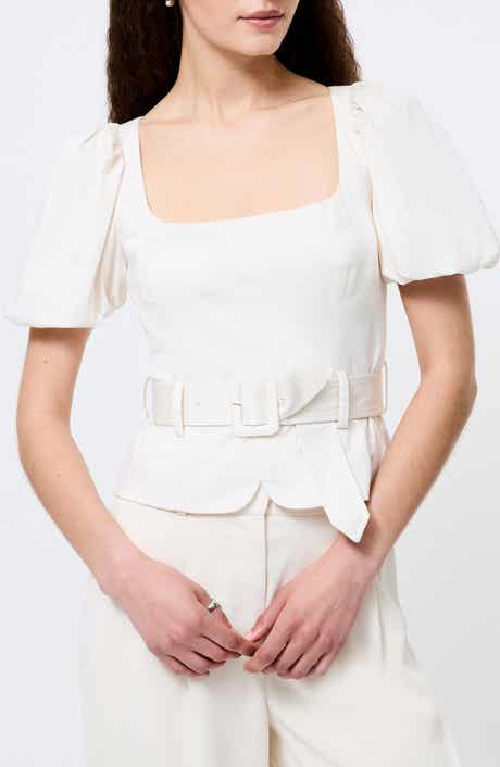 Belted Puff Sleeve Sateen Top