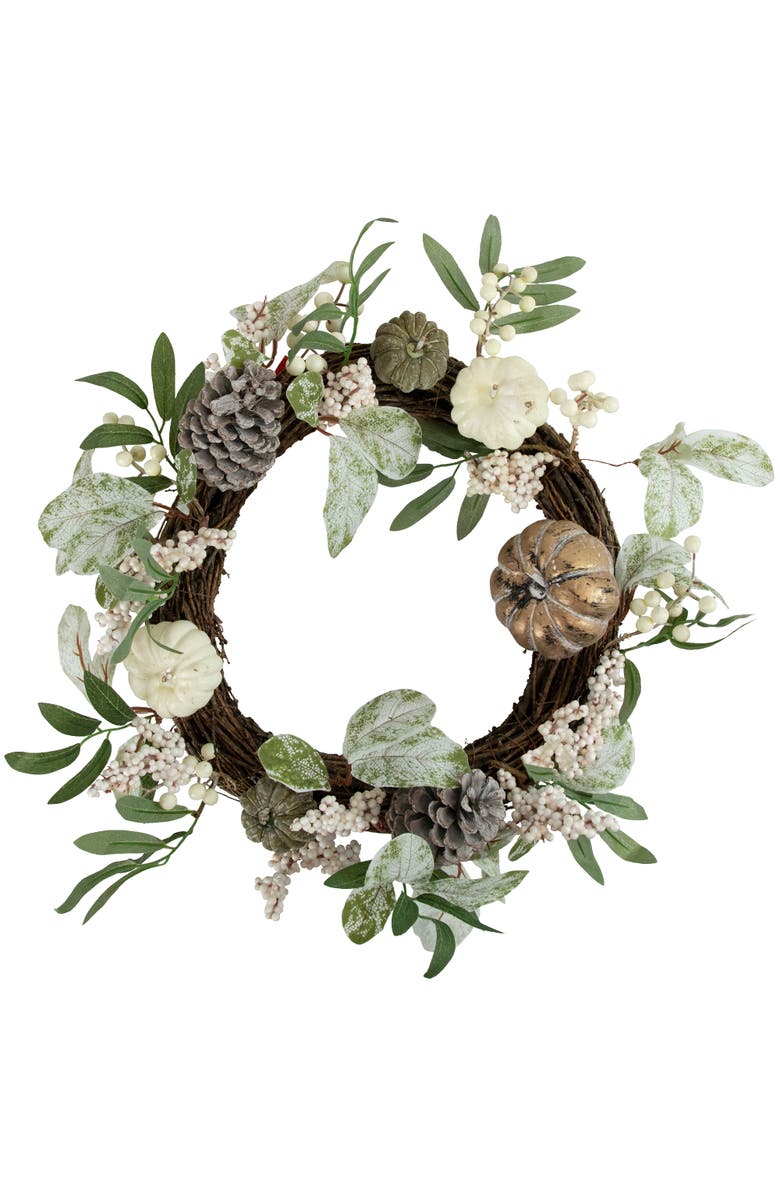 Northlight Pumpkins, Pinecones and Berries Artificial Fall Harvest Twig Wreath - 20", Main, color, Green