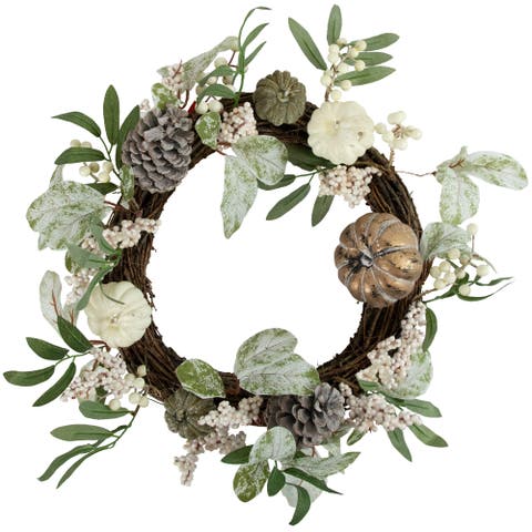 Pumpkins, Pinecones and Berries Artificial Fall Harvest Twig Wreath - 20"