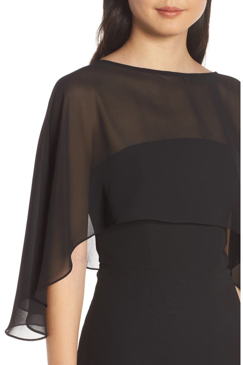 Strapless Chiffon Evening Dress with Cape, Alternate, color, BLACK