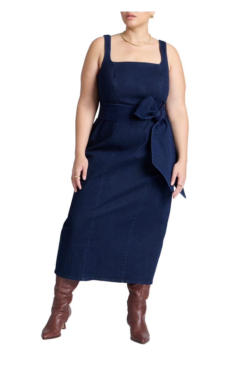 ELOQUII Tie Detail Denim Midi Dress, Main, color, Dark Wash