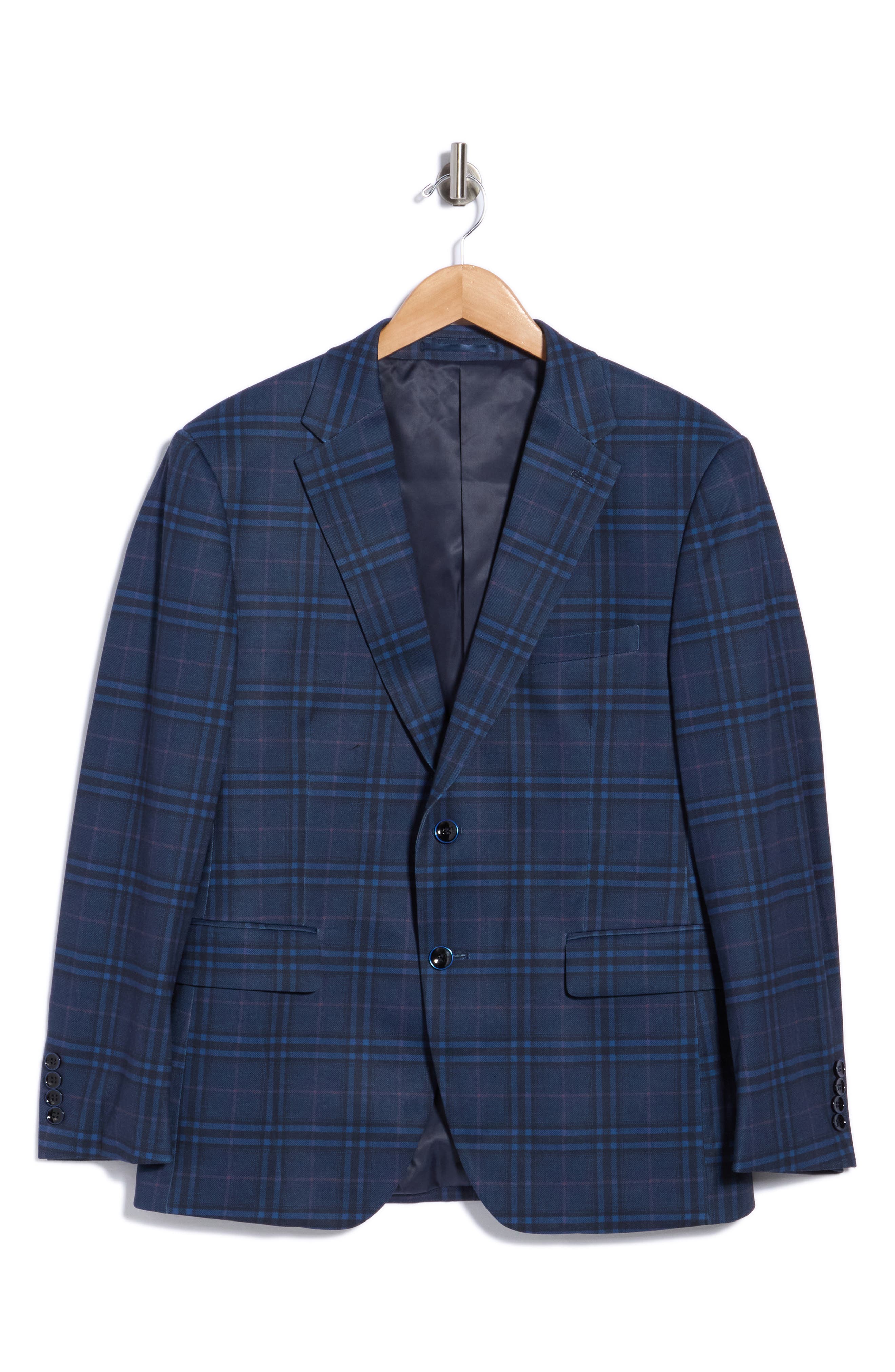 Duchamp Plaid Stretch Knit Sport Coat In Navy