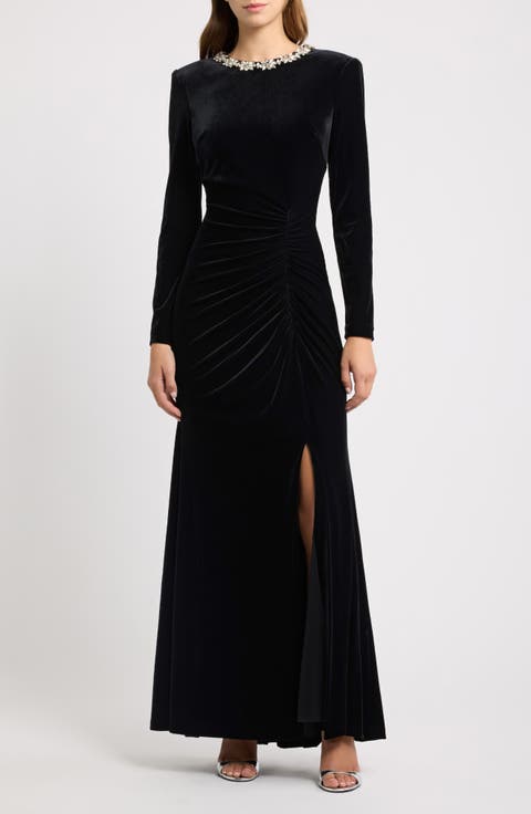 Rhinestone Detail Long Sleeve Velvet Gown