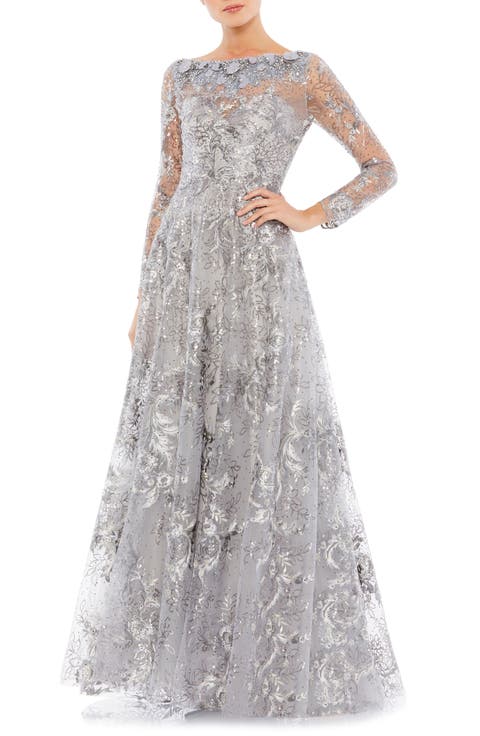 Floral Rhinestone Embroidered Sweetheart Illusion Long Sleeve Gown