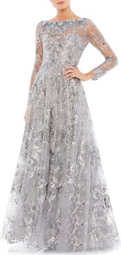 Mac Duggal Floral Rhinestone Embroidered Sweetheart Illusion Long Sleeve Gown