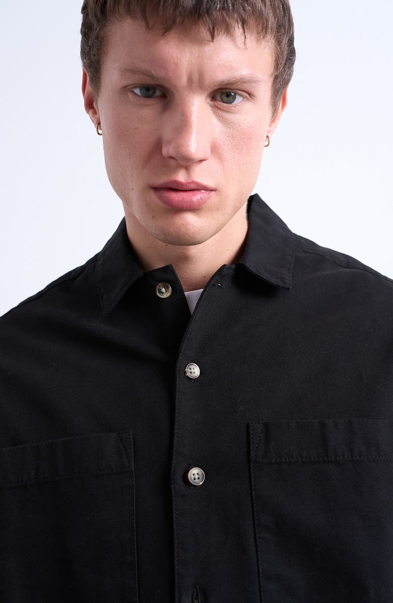Topman Camp Collar Cotton Button-Up Overshir, Alternate, color, Black
