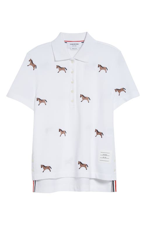 Thom Browne Horse Embroidered Half Drop Short Sleeve Polo In White