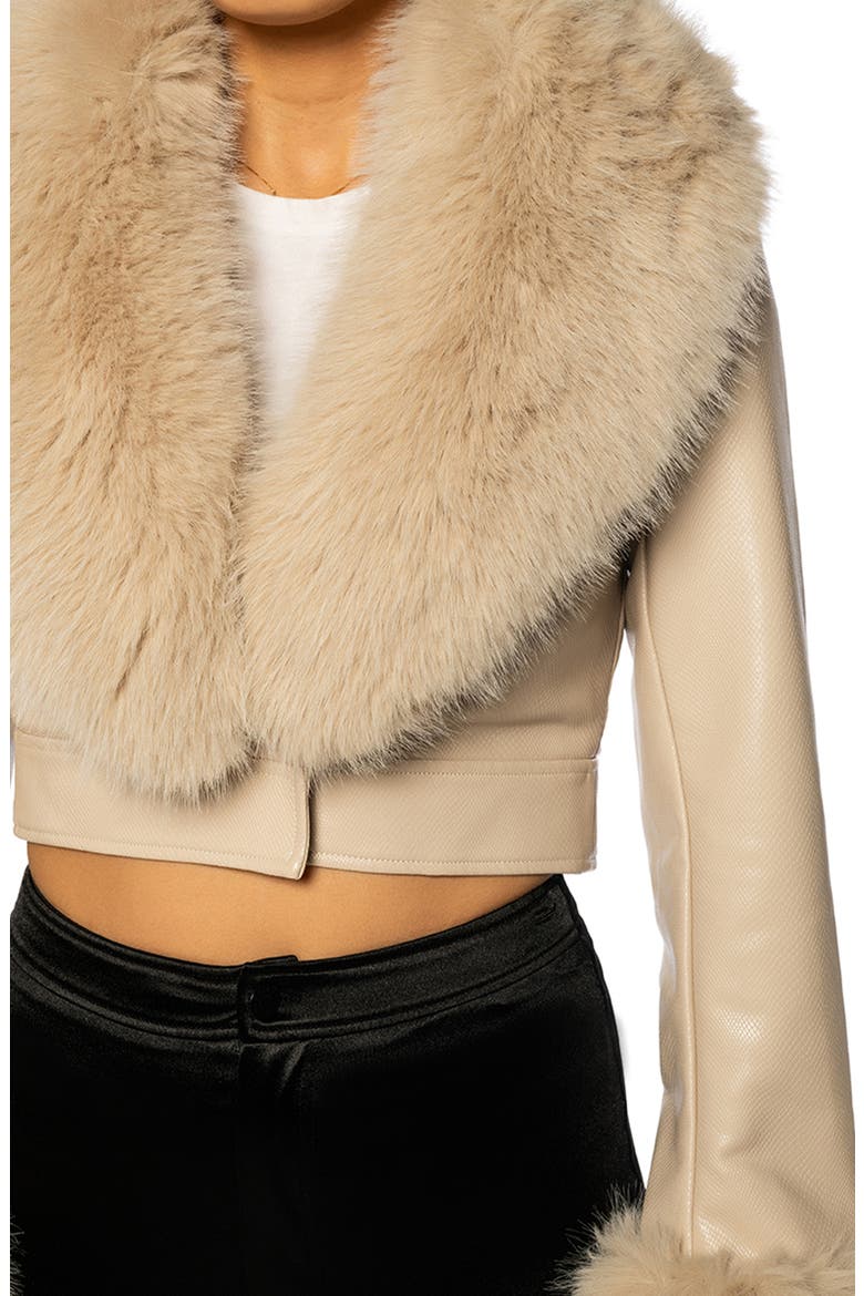 Gisele Faux Fur Trim Faux Leather Crop Jacket, Alternate, color, BEIGE
