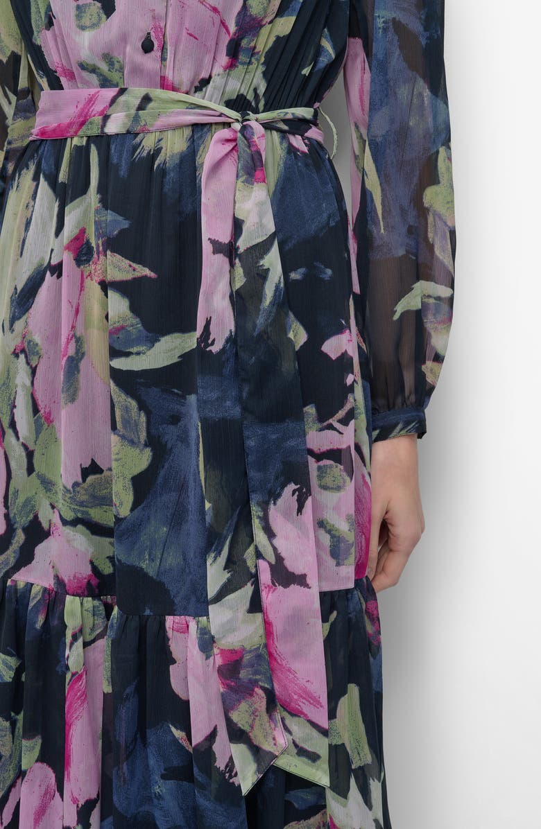 DKNY Floral V-Neck Long Sleeve Midi Fit & Flare Dress, Alternate, color, Navy/ Pink