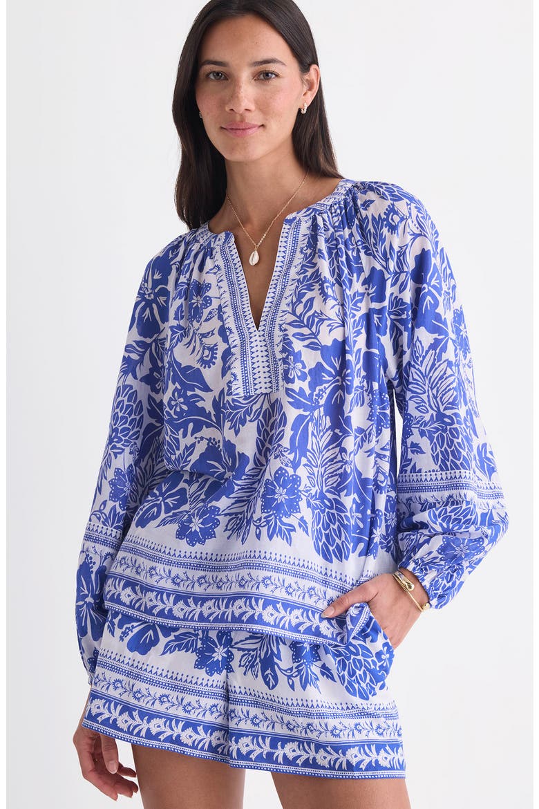 Print Split Neck Popover Top, Alternate, color, PARADISE PRINT WHITE