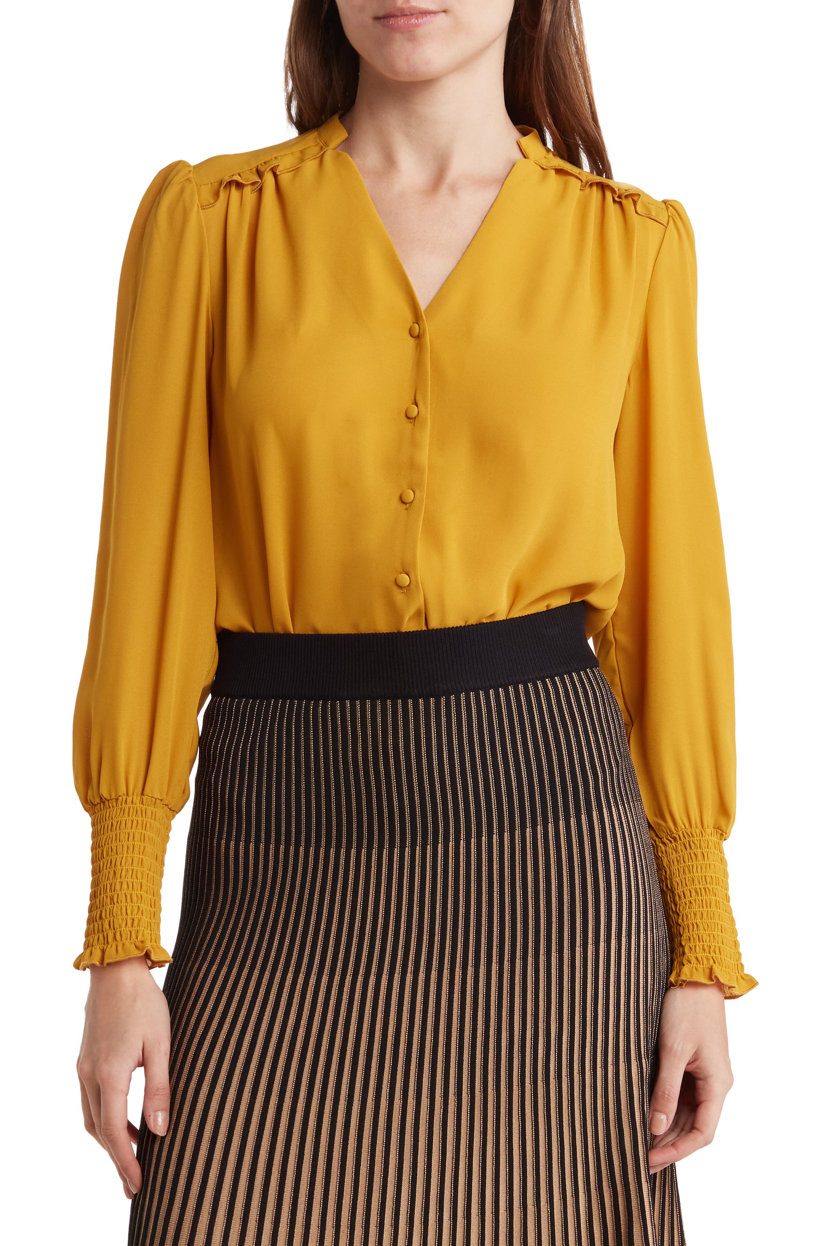 Nanette Lepore Smocked Cuff Split Neck Blouse (Women) | Nordstromrack