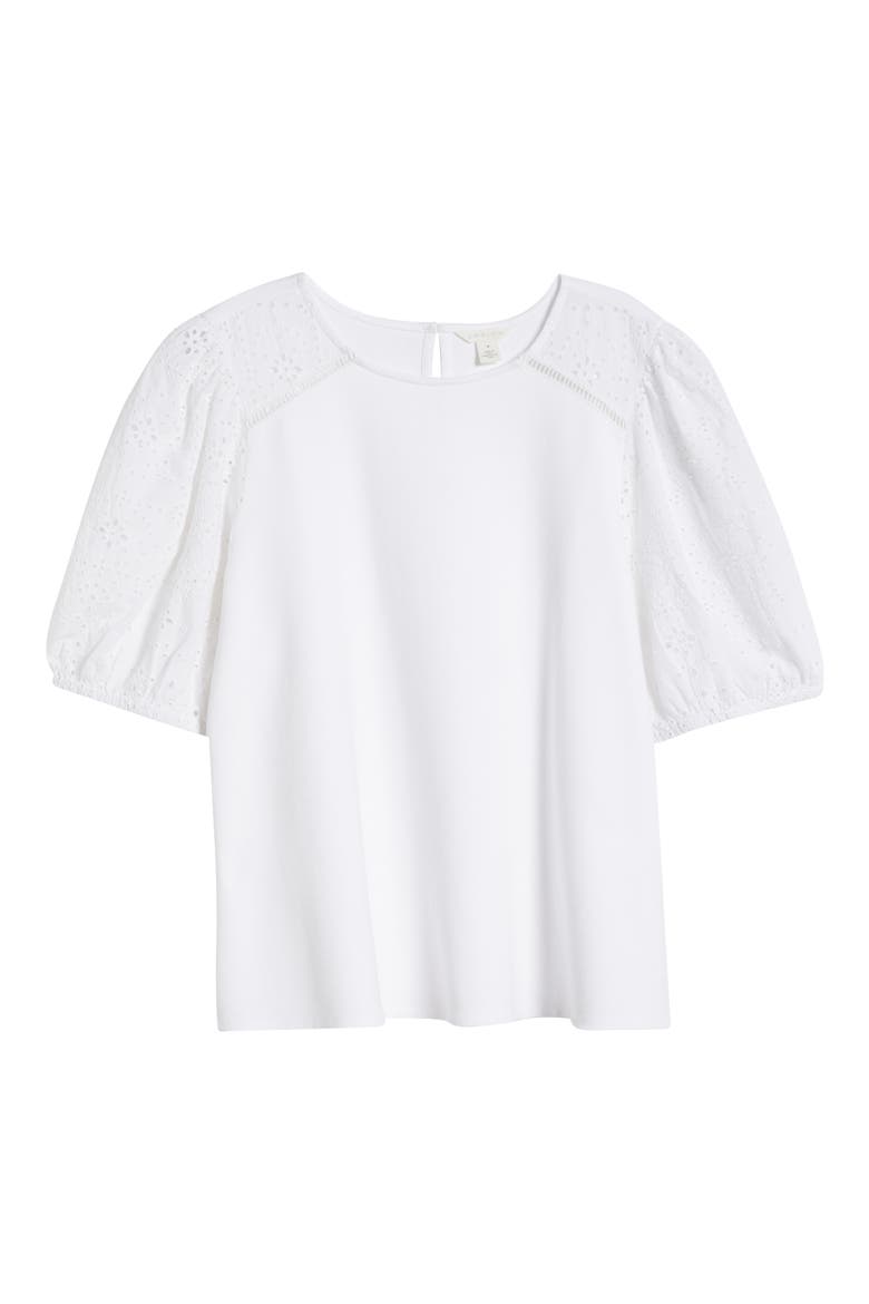 Eyelet Embroidered Puff Sleeve Top, Alternate, color, WHITE