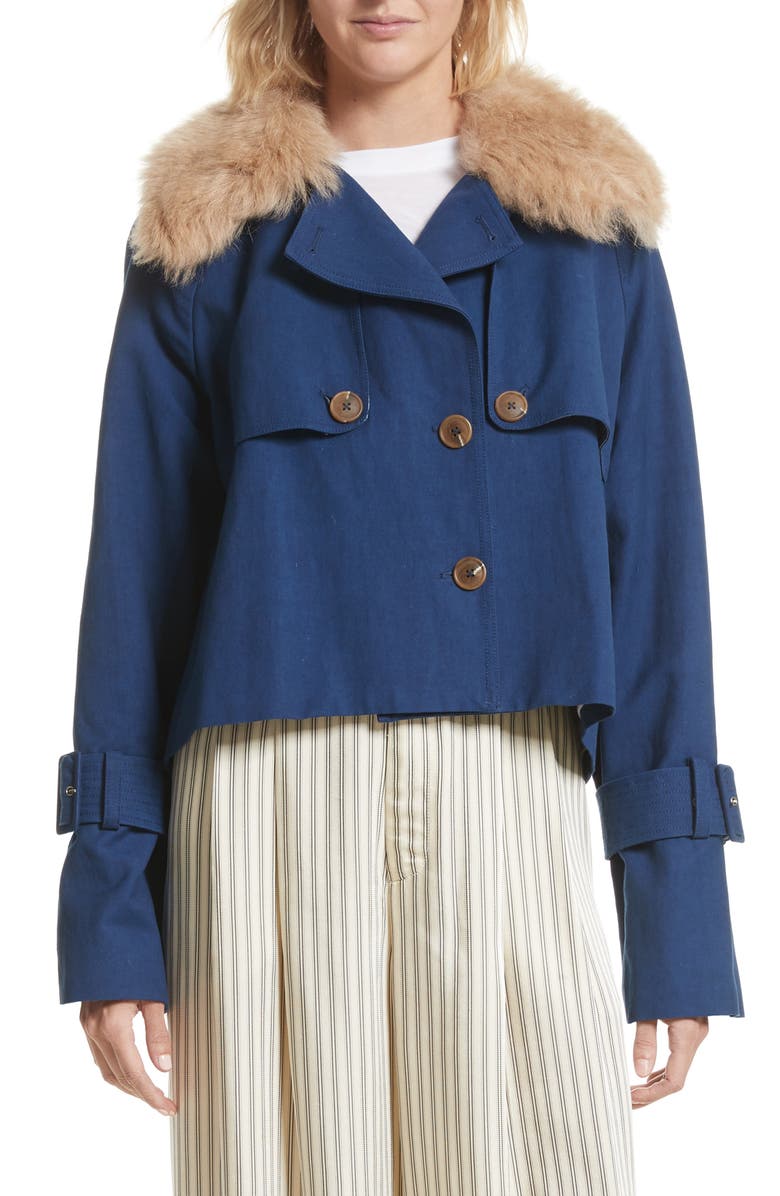 Sea Crop Trench Coat with Genuine Lamb Fur Collar, Alternate, color, 