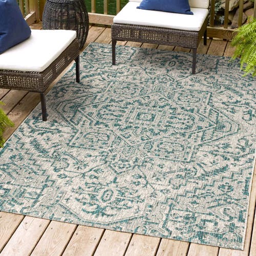 Jonathan Y Estrella Bohemian Medallion Textured Weave Indoor/outdoor Area Rug In Teal/gray