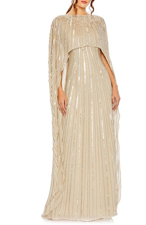 Embellished Beaded Column Cape Gown