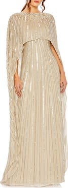 Mac Duggal Embellished Beaded Column Cape Gown